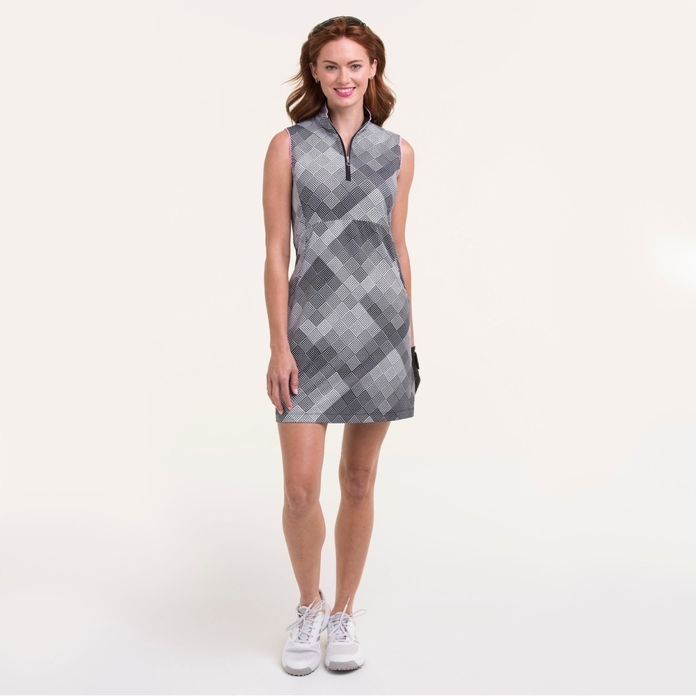 Sleeveless Gray Argyle Sheath Dress with Zip Collar